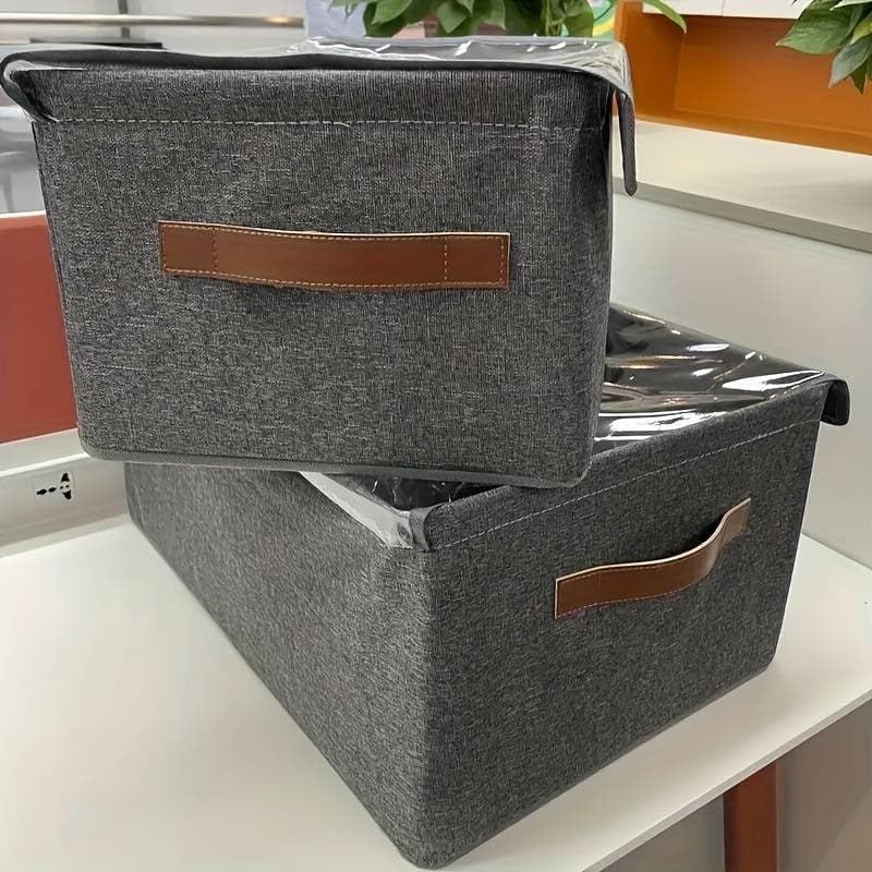 Foldable Storage Box with Clear Window Grey Linen Fabric Clothes Organizer with Handles 2 Compartments  - Image 5