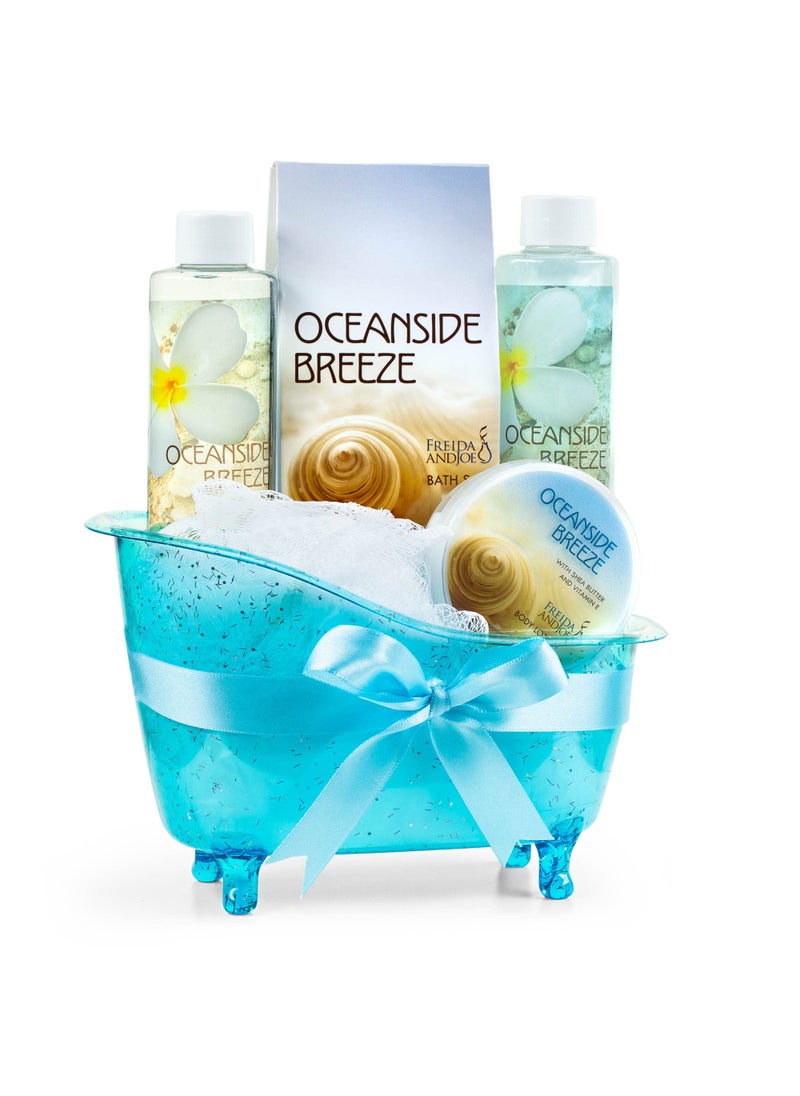 Freida and Joe - Home Spa Bath Basket Fresh Aquatic Oceanside Breeze Spa Set For Women Bath & Body Set For Women Shower Gel, Bubble Bath, Body Lotion, etc Puff in Blue Tub - Image 1