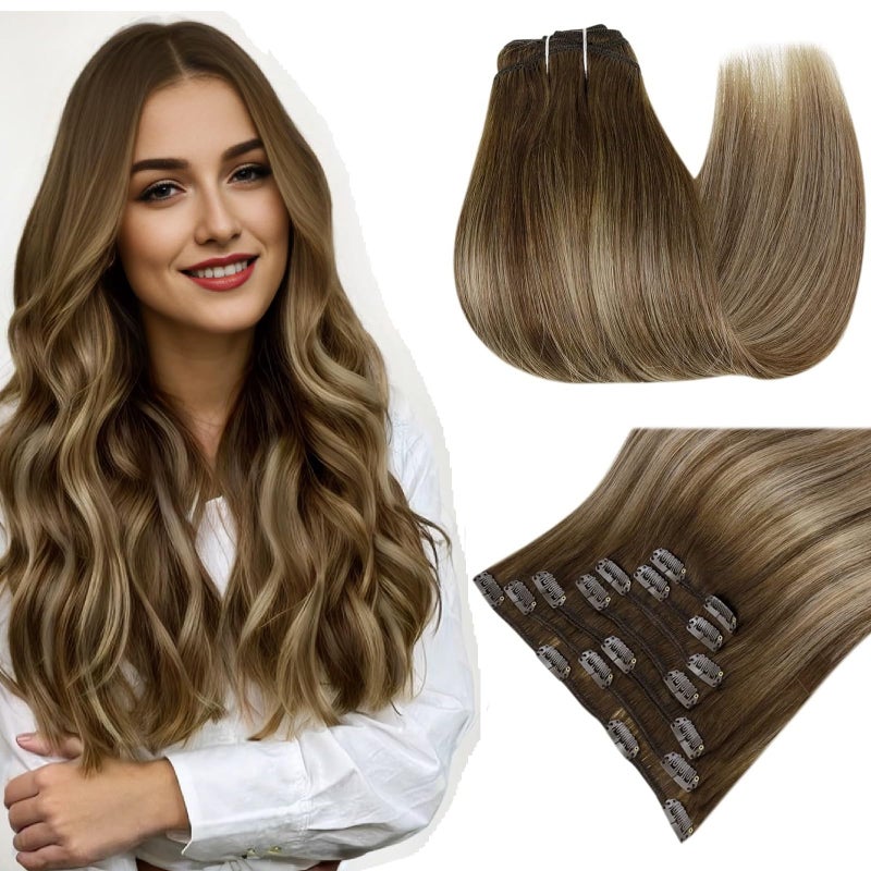 Easyouth Clip in Hair Extensions Human Hair Balayage Clip in Human Hair Extensions Dark Brown Fading to Caramel Blonde Mix Brown Balayage Hair Extension Clips ins 14 Inch 80G 7Pcs - Image 1