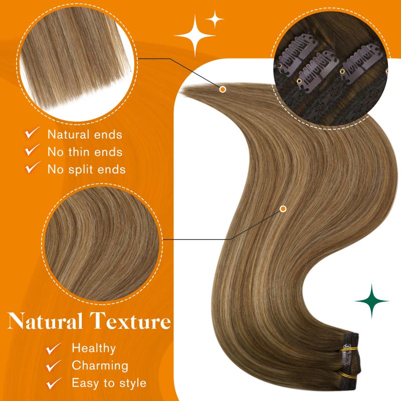 Easyouth Clip in Hair Extensions Human Hair Balayage Clip in Human Hair Extensions Dark Brown Fading to Caramel Blonde Mix Brown Balayage Hair Extension Clips ins 14 Inch 80G 7Pcs - Image 4