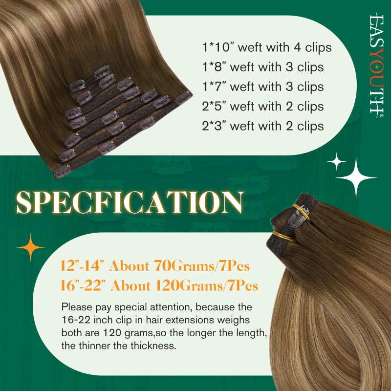 Easyouth Clip in Hair Extensions Human Hair Balayage Clip in Human Hair Extensions Dark Brown Fading to Caramel Blonde Mix Brown Balayage Hair Extension Clips ins 14 Inch 80G 7Pcs - Image 3