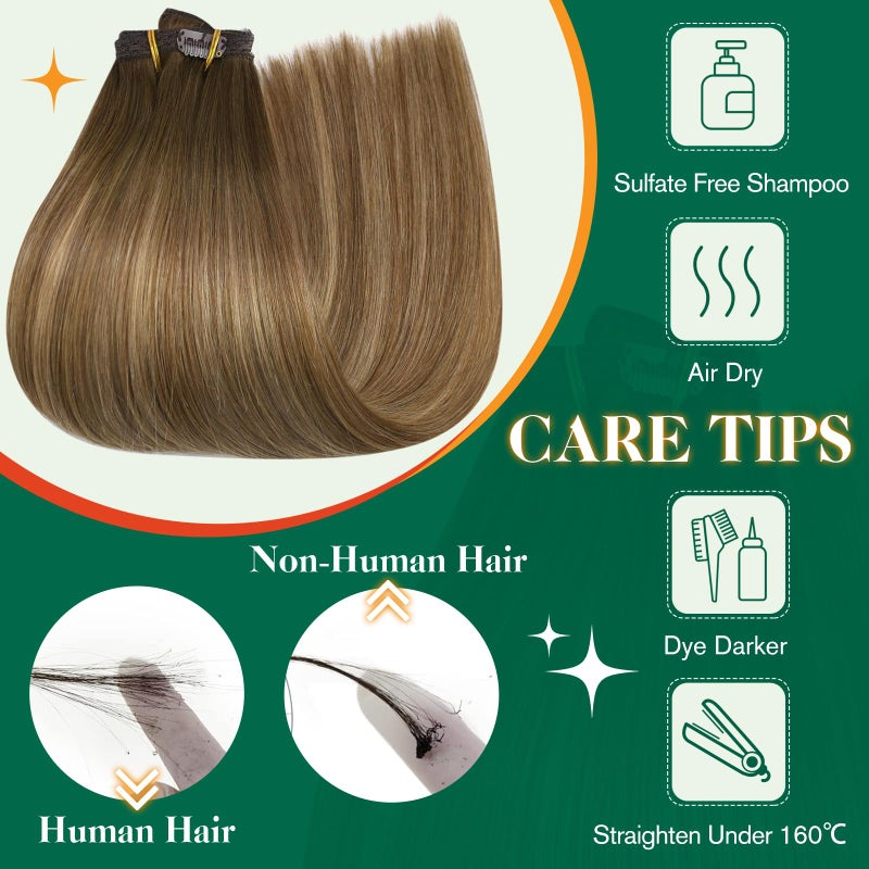 Easyouth Clip in Hair Extensions Human Hair Balayage Clip in Human Hair Extensions Dark Brown Fading to Caramel Blonde Mix Brown Balayage Hair Extension Clips ins 14 Inch 80G 7Pcs - Image 5