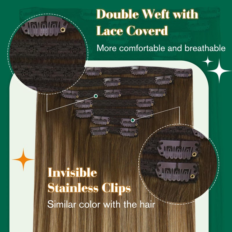 Easyouth Clip in Hair Extensions Human Hair Balayage Clip in Human Hair Extensions Dark Brown Fading to Caramel Blonde Mix Brown Balayage Hair Extension Clips ins 14 Inch 80G 7Pcs - Image 2