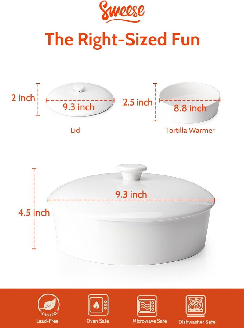 Sweese Ceramic Tortilla Warmer - Holds 12 Tortillas, Microwave & Oven Compatible, Elegant White Tortilla Holder with Lid for Taco Nights, Pancakes, Waffles - Durable & Easy to Clean - Image 2