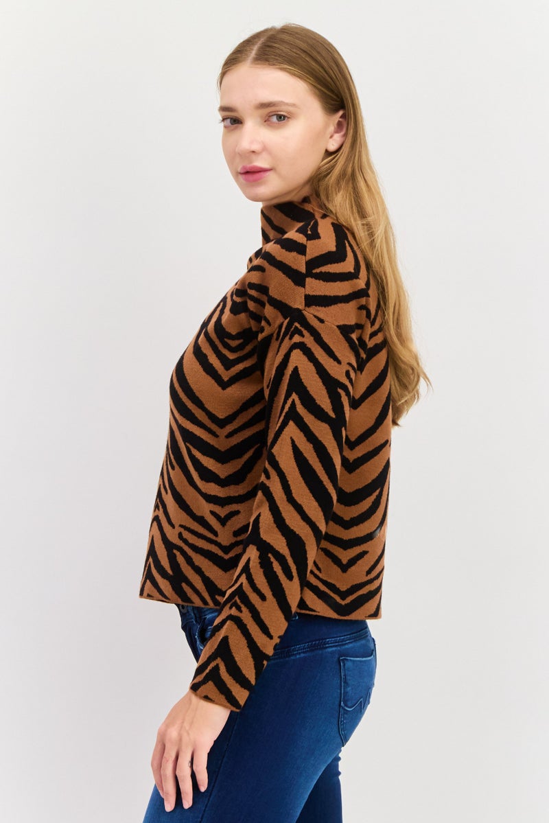 CARMEN MARC VALVO Women Mock Neck Jacquard Print Long Sleeves Sweater, Brown - Image 2