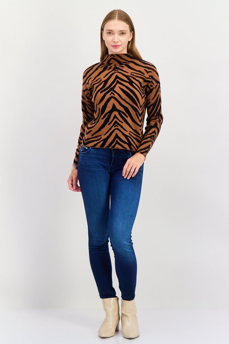 CARMEN MARC VALVO Women Mock Neck Jacquard Print Long Sleeves Sweater, Brown - Image 4