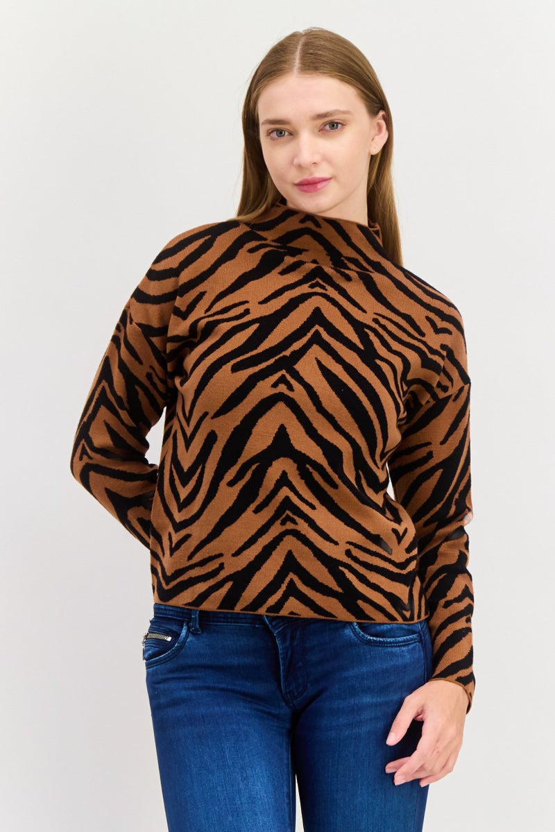 CARMEN MARC VALVO Women Mock Neck Jacquard Print Long Sleeves Sweater, Brown - Image 1