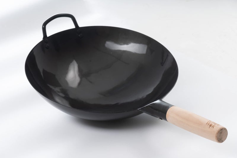 Craft Wok Black13 Pre-Seasoned Hand Hammered Carbon Steel Pow Wok with Wooden and Steel Helper Handle (13 Inch, Round Bottom) - Image 3