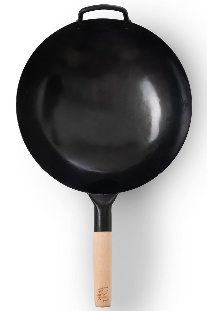 Craft Wok Black13 Pre-Seasoned Hand Hammered Carbon Steel Pow Wok with Wooden and Steel Helper Handle (13 Inch, Round Bottom) - Image 2