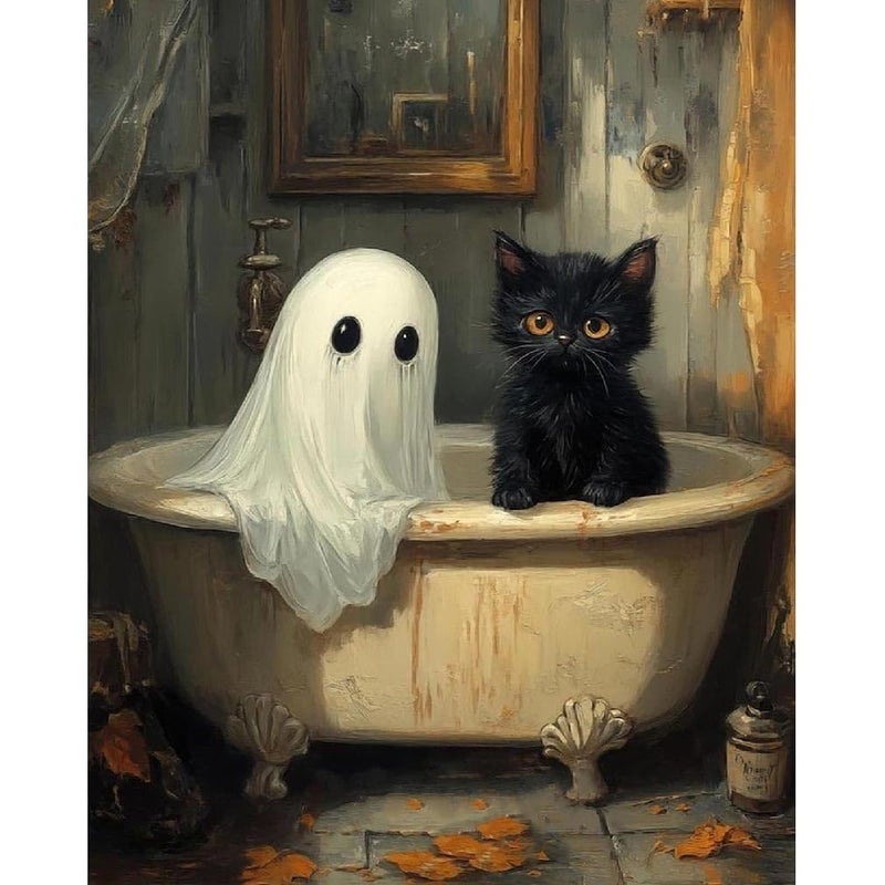 Clendo Halloween Paint by Numbers Kit for Adults, Ghost Oil Painting by Numbers with Brushes, Black Cat Art and Crafts Canvas Kit for Beginner Home Decor 16x20 inch / 40x50 cm - Image 1