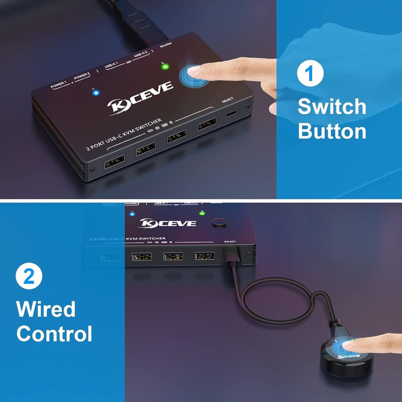 KCEVE Usb C Kvm Switch, 2 Ports Kvm Type-C Switcher Box Support 4K@60Hz For 2 Computers Share Keyboard Mouse And Monitor, Suppprt 87W Pd Fast Charging - Image 5