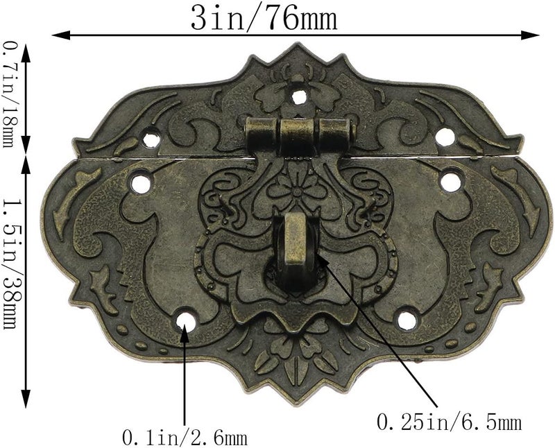 LDCREEE Antique Embossing Decorative Brass Hasp Clasp Latch Lock with Screws for Jewelry Box Ordinary Box Wooden Case Furniture Decoration (Bronze) - Image 2