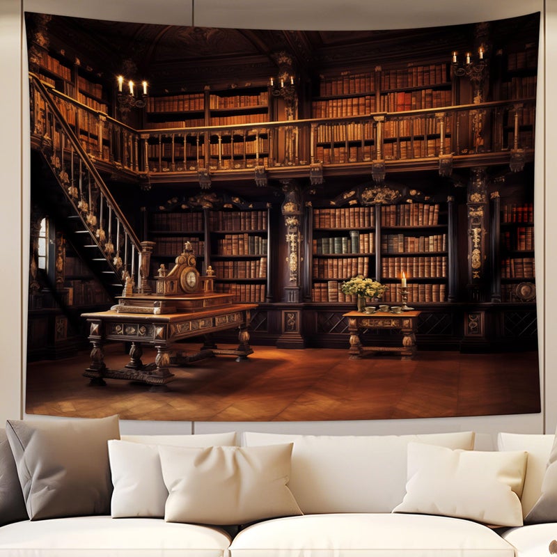 QGHOT Medieval Bookshelf Tapestry Vintage Library Bookcase Tapestry Wall Hanging Victorian Office Zoom Video Backdrop Old Books for Study Room Bedroom Living Room Decor 90.6"x70.9" - Image 1