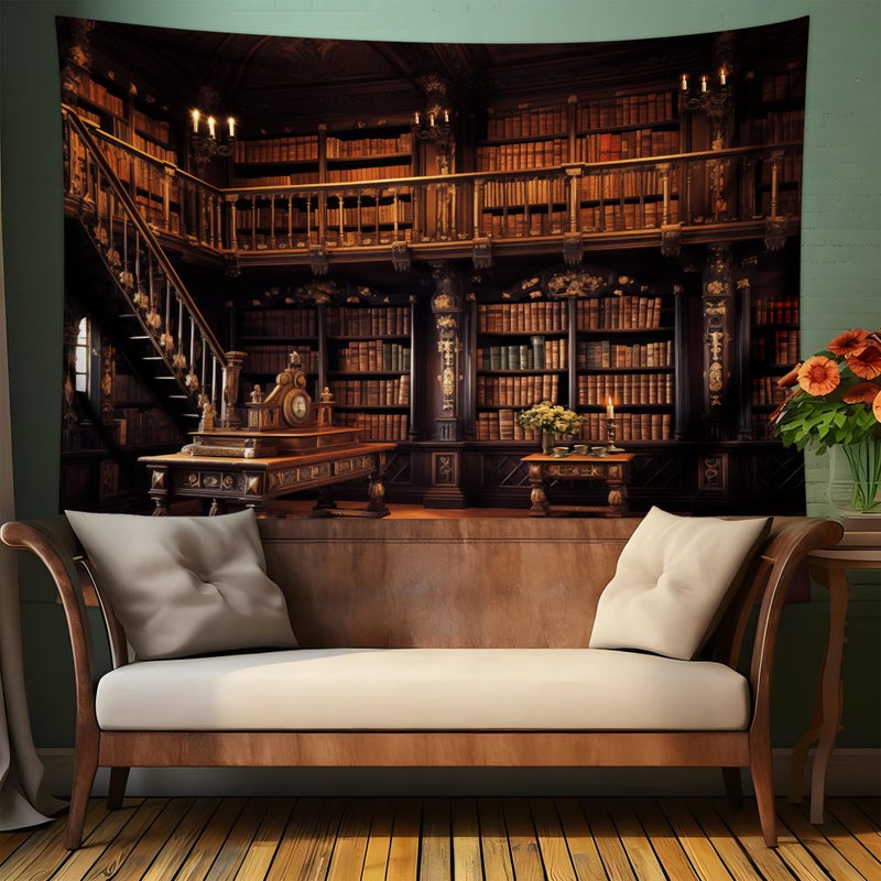 QGHOT Medieval Bookshelf Tapestry Vintage Library Bookcase Tapestry Wall Hanging Victorian Office Zoom Video Backdrop Old Books for Study Room Bedroom Living Room Decor 90.6"x70.9" - Image 3