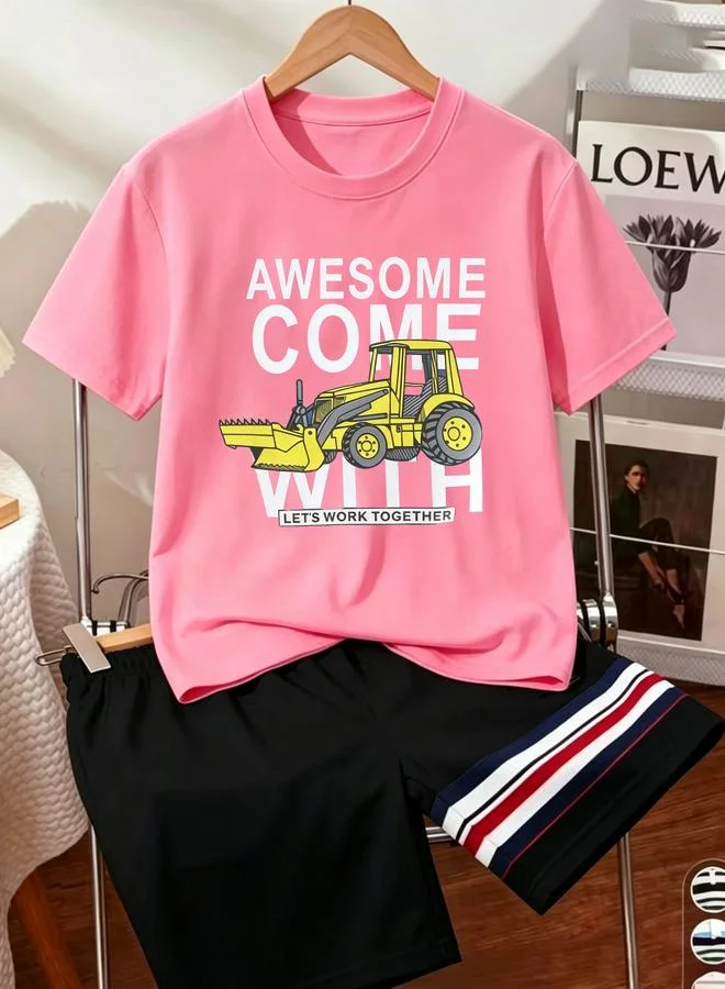 Take Two Kids Pink Cotton Round Neck T-Shirt with Construction Print