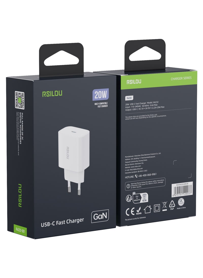 rsilou - R4232 20W USB-C Fast Charger – Compact, Fast, and Reliable Charging, Supports with samsung, oppo, apple and all smartphones, tablets, Bluetooth headphones, and more, MultiProtect Protection - Image 1