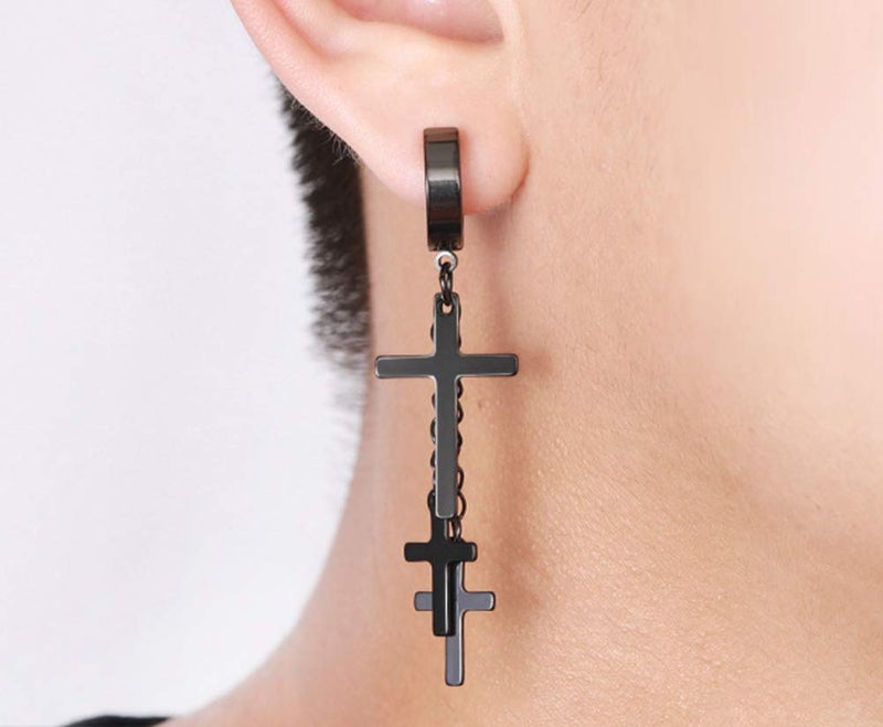 CCBFY Non-pierced Earrings Set for Men Women Cross Titanium Steel Hoop Dangle Clip On Earring - Image 3