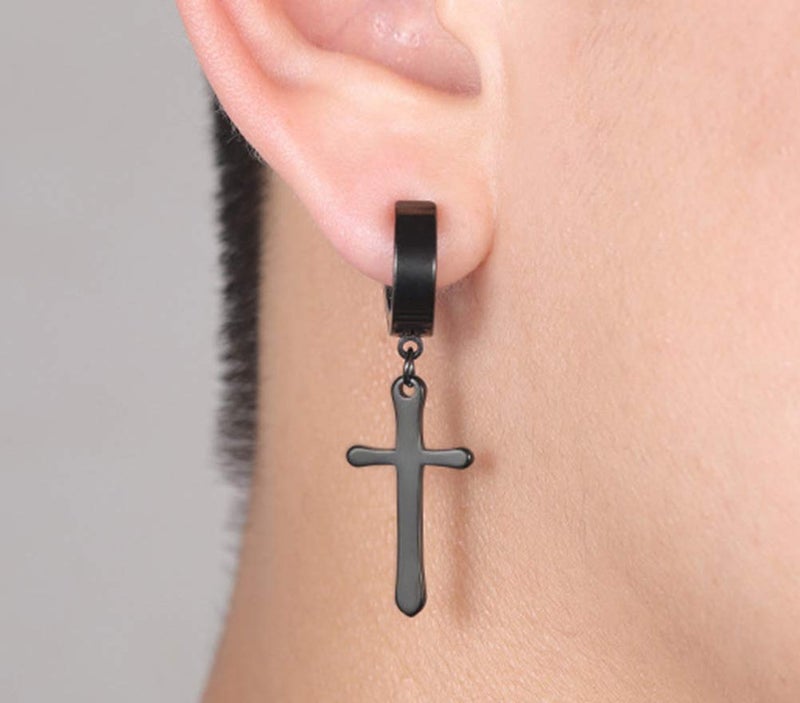 CCBFY Non-pierced Earrings Set for Men Women Cross Titanium Steel Hoop Dangle Clip On Earring - Image 4
