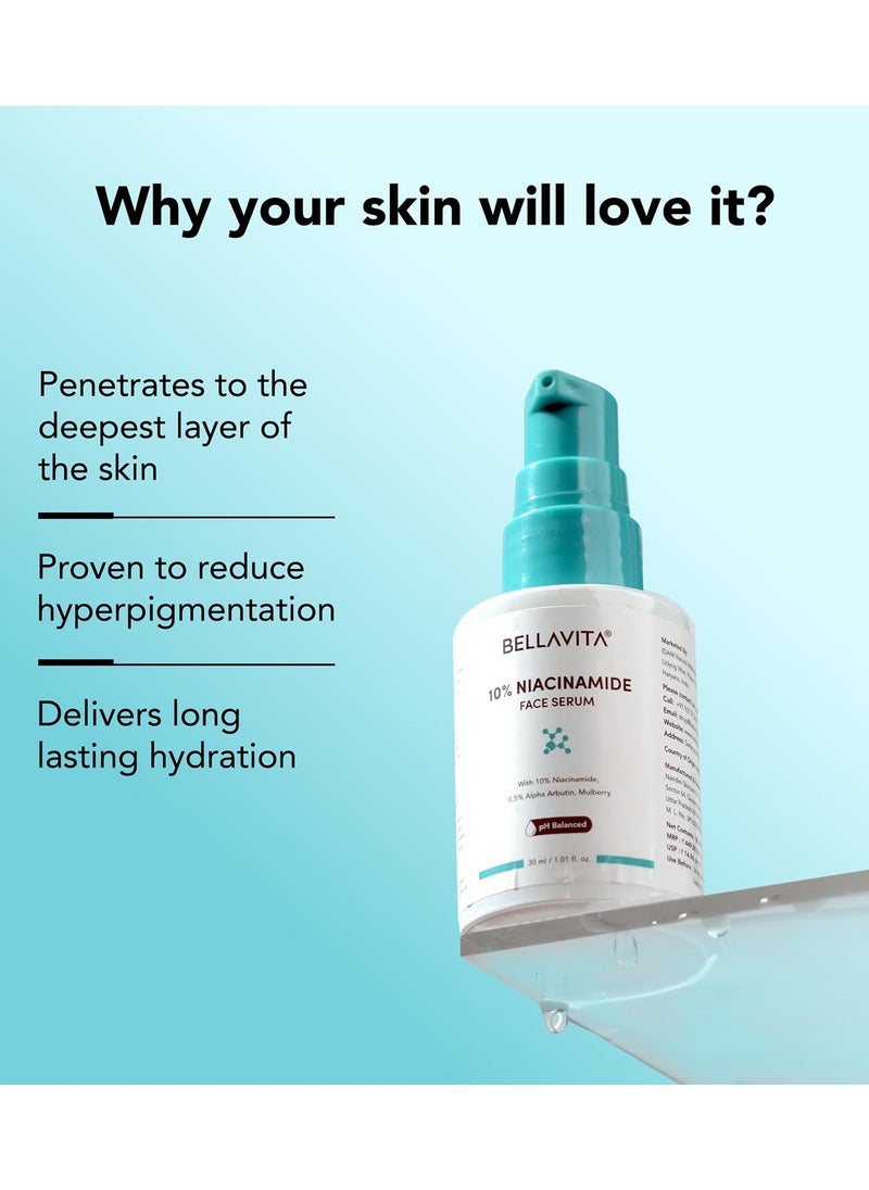 BELLAVITA Niacinamide Face Serum | 10% Niacinamide, 0.5% Alpha Arbutin & Hyaluronic Acid | Treats Pigmentation | Repairs Skin Barrier | pH Balanced | Non-Irritating | Non-Sticky | Brightening Formula | 30 ml  - Image 2