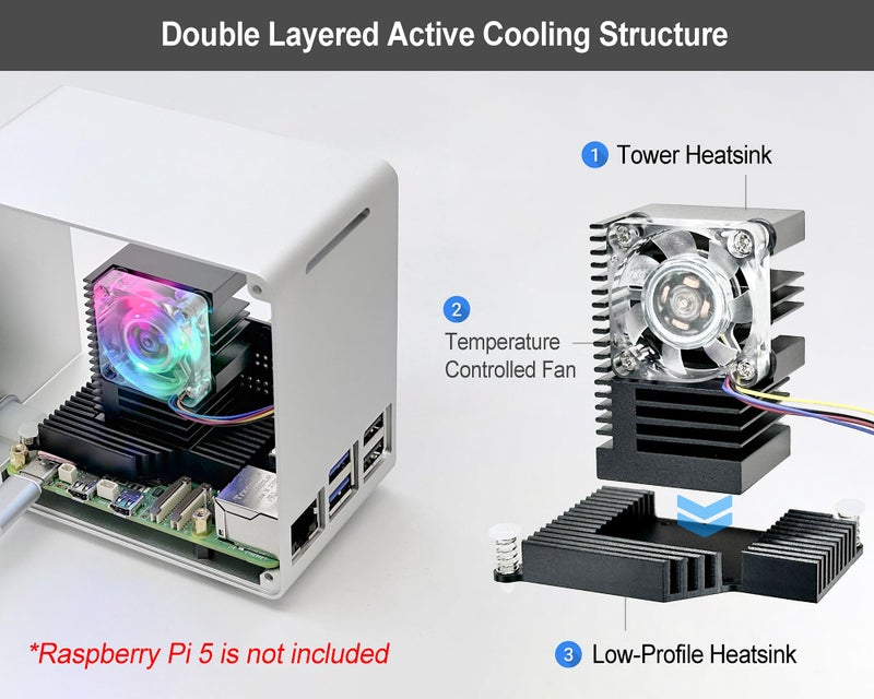 ElectroCookie Raspberry Pi 5 Case, Aluminum Mini Tower Case with Cooling Fan and Color Changing Ambient Light (Silver) - Image 2