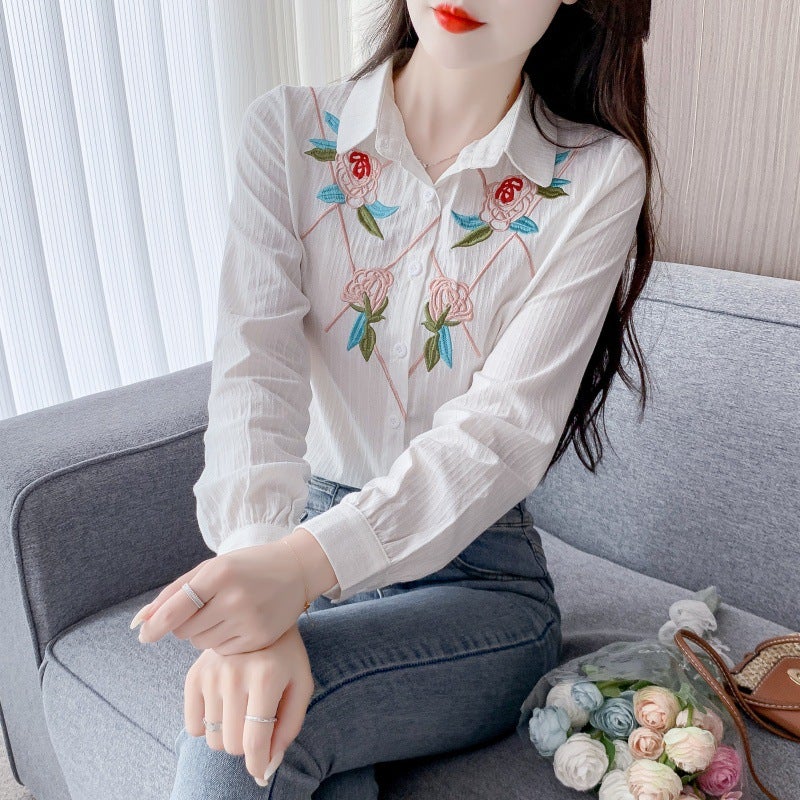 Spring and Autumn 2024 New Womens Embroidered Womens Shirt Cotton Shirt Womens Western Style Cotton Age-reducing Top White