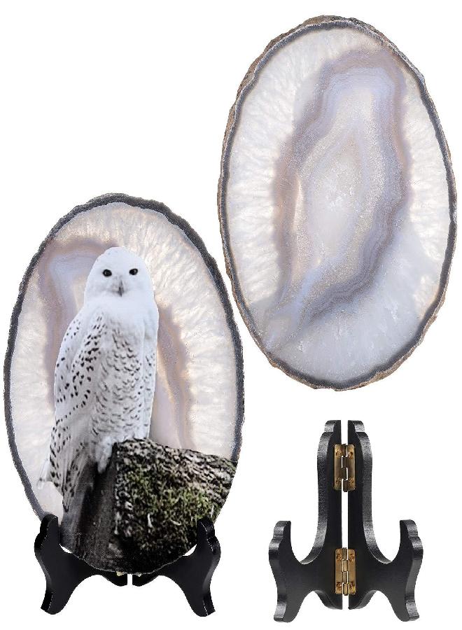 mookaitedecor Natural Agate Slice Art Print Snowy Owl Table Display with Wooden Stand, Irregular Agate Geode Stone Figurine for Office & Home Decoration - Image 1