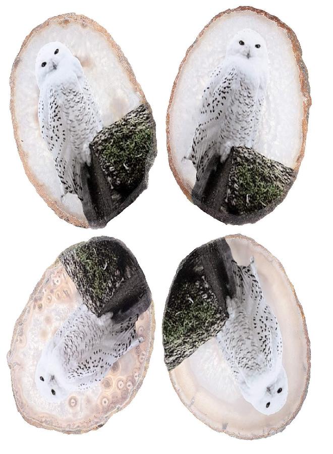 mookaitedecor Natural Agate Slice Art Print Snowy Owl Table Display with Wooden Stand, Irregular Agate Geode Stone Figurine for Office & Home Decoration - Image 2