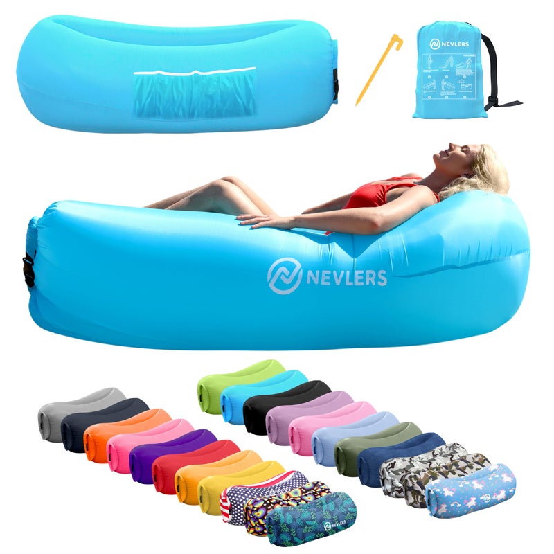 Nevlers Blue Inflatable Couch 210T Polyester Blow Up Couch NoPump Inflatable Sofa Blow Up Chair w 450lbs Capacity Pockets Matching Bag Compact Lounger for use as Beach Accessories