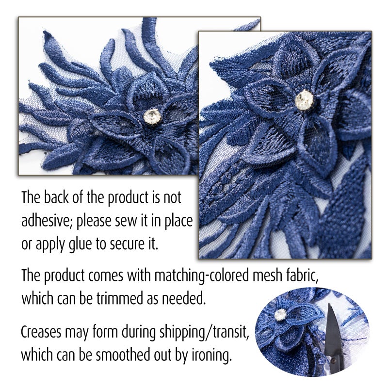 Silvora Phoenix Peacock Feather Tail Fabric Beaded Lace Applique,3D Embroidered Flower Fabric Patch for Bridal Dress, Handmade Sewing Tool for Wedding DIY Crafts(Navy Blue) - Image 4