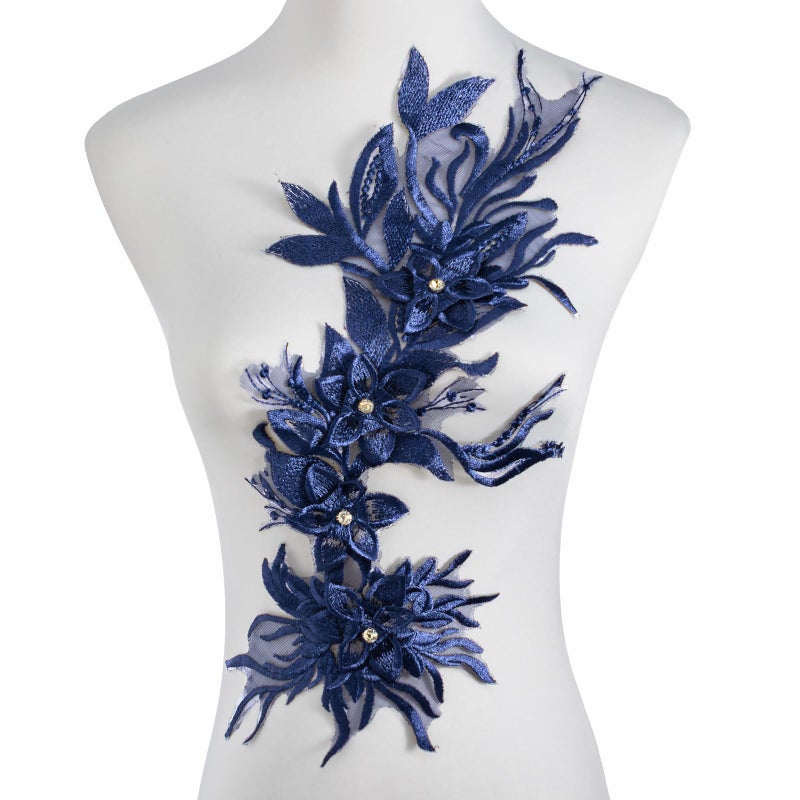 Silvora Phoenix Peacock Feather Tail Fabric Beaded Lace Applique,3D Embroidered Flower Fabric Patch for Bridal Dress, Handmade Sewing Tool for Wedding DIY Crafts(Navy Blue) - Image 1