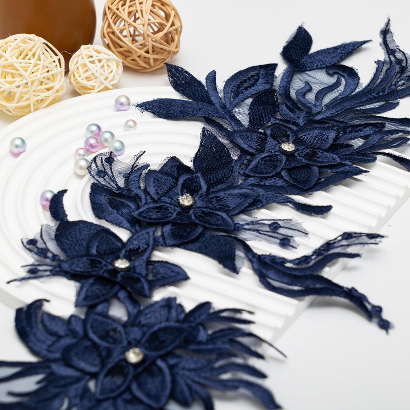Silvora Phoenix Peacock Feather Tail Fabric Beaded Lace Applique,3D Embroidered Flower Fabric Patch for Bridal Dress, Handmade Sewing Tool for Wedding DIY Crafts(Navy Blue) - Image 3