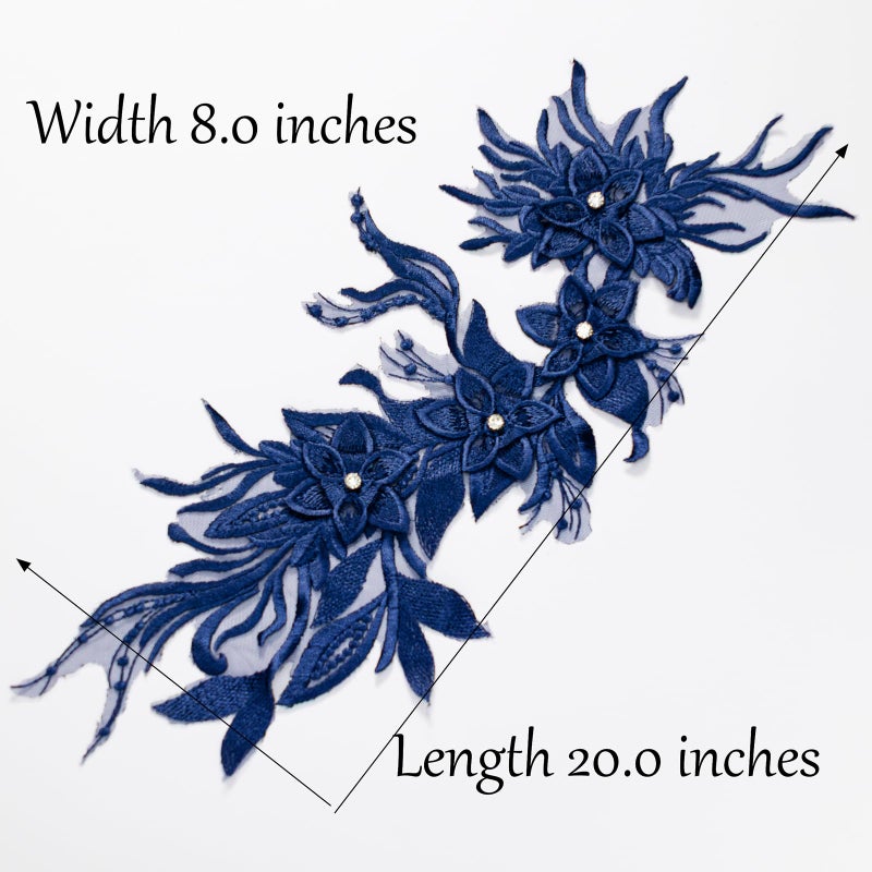 Silvora Phoenix Peacock Feather Tail Fabric Beaded Lace Applique,3D Embroidered Flower Fabric Patch for Bridal Dress, Handmade Sewing Tool for Wedding DIY Crafts(Navy Blue) - Image 2