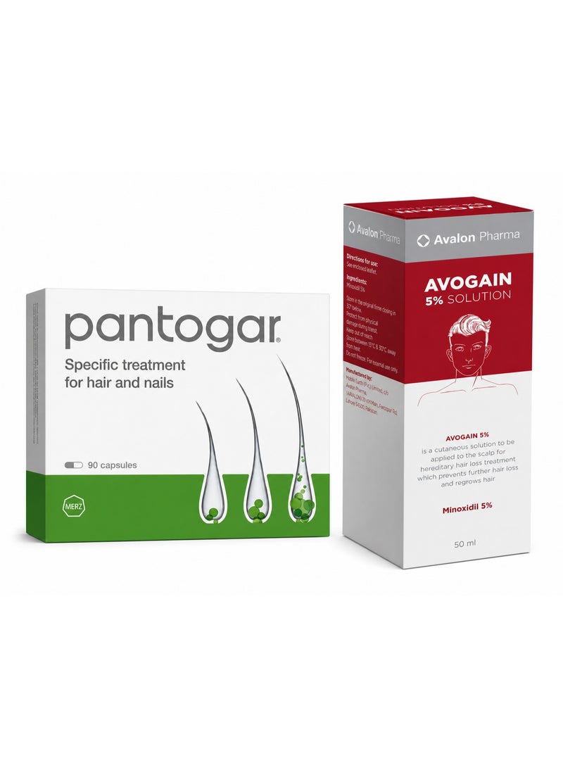 بانتوجار كبسولات بانتوجار (Pantogar) لعلاج الشعر والأظافر (عبوة 90 كبسولة) مع محلول أفوجين (Avogain) بتركيز 5% للرجال - Image 1