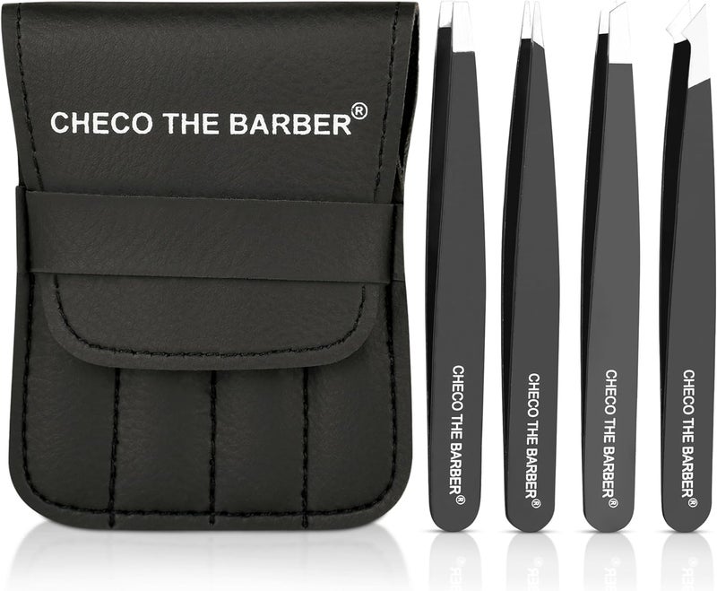 CHECO THE BARBER Tweezers Set, Professional Stainless Steel Tweezers, Better Precision Eyebrow Tweezers, Great Precision for Facial Hair, Ingrown Hair, Splinters and Blackheads. Black Color