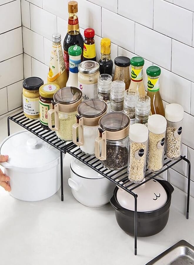 Maykela Storage Rack Expandable Stackable Kitchen Cupboard Organiser for Tableware Seasoning Cupboard, Plate, Dish, Counter,Pantry Organizer (Black-1 Pack)