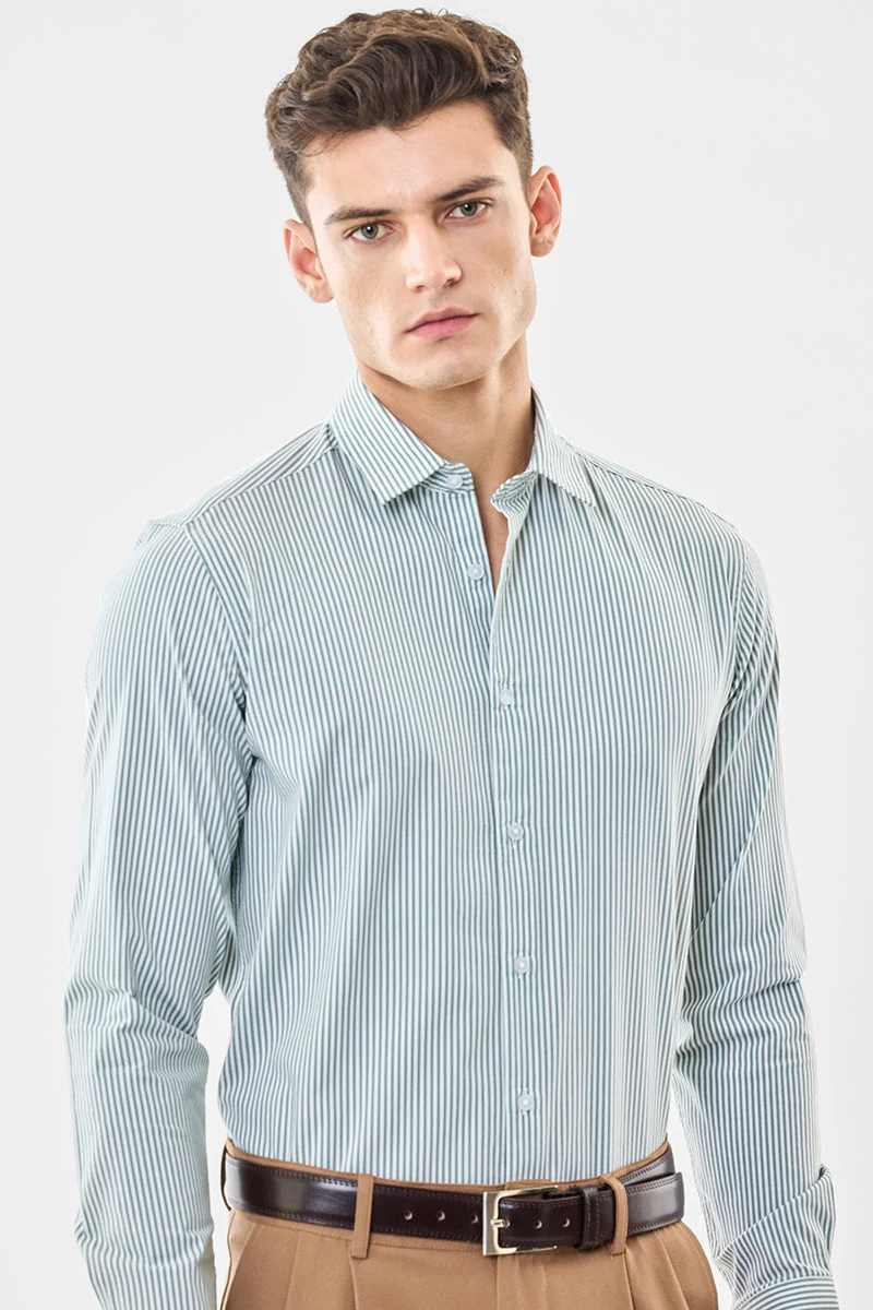 SNITCH Green Striped Long Sleeve Slim Fit Shirt