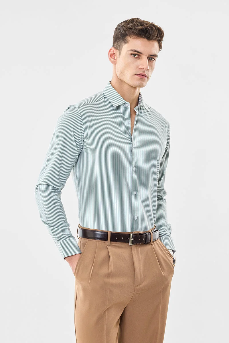 SNITCH Green Striped Long Sleeve Slim Fit Shirt