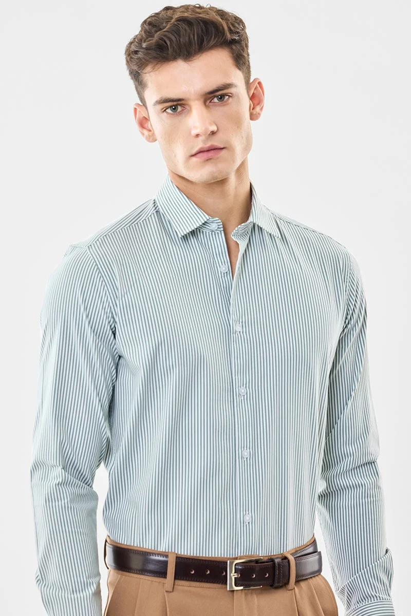 سنيتش Green Striped Long Sleeve Slim Fit Shirt