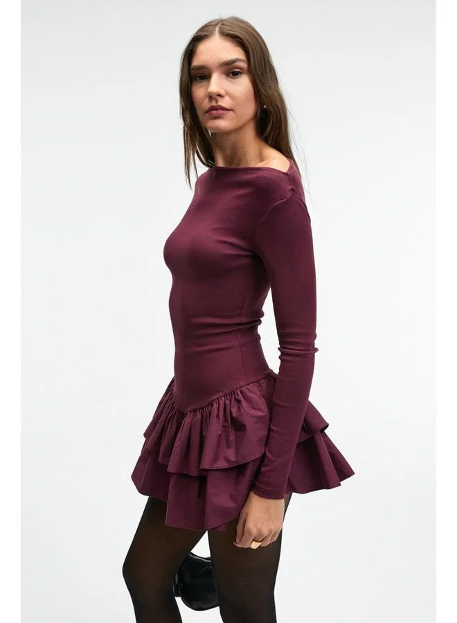 Grimelange  PANI TRUSEA Women's Top with Flexible Skirt, Woven Fabric, Regular Mini Burgundy Dress. for Women | Best Price UAE
