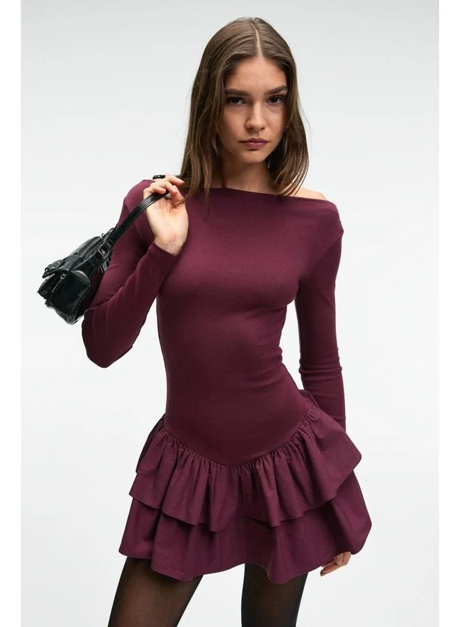 PANI TRUSEA Women's Top with Flexible Skirt, Woven Fabric, Regular Mini Burgundy Dress.