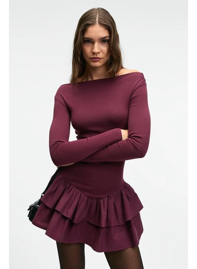 Grimelange  PANI TRUSEA Women's Top with Flexible Skirt, Woven Fabric, Regular Mini Burgundy Dress. for Women | Best Price UAE
