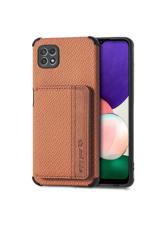 The Bros Case For Samsung Galaxy A22 5G Carbon Fiber Magnetic Card Bag TPU+PU Shockproof Back Cover Case with Holder & Card Slot & Photo Frame 