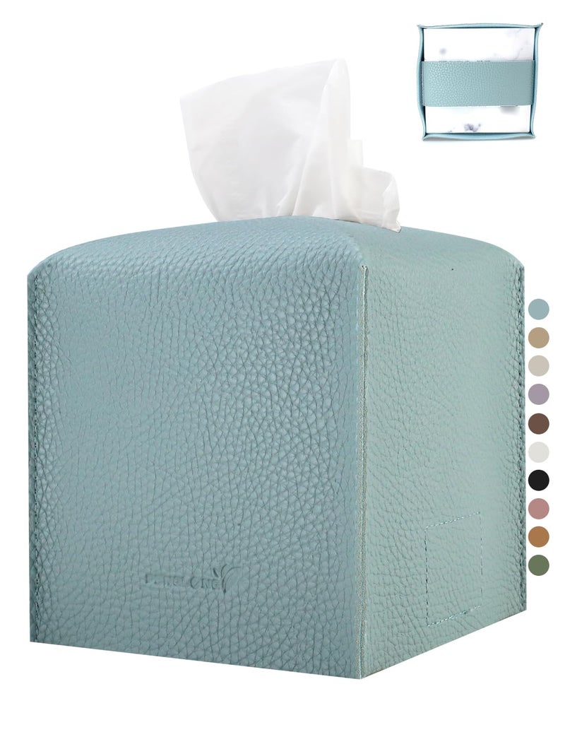 PENGLONG Tissue Box Cover 5X5X5'' PU Leather Tissue Holder Square Tissue Cube Box Organizer for Bathroom Vanity Countertop, Car, Night Stands, Office, Home, Kitchen (1Pack, Light Blue) - Image 1