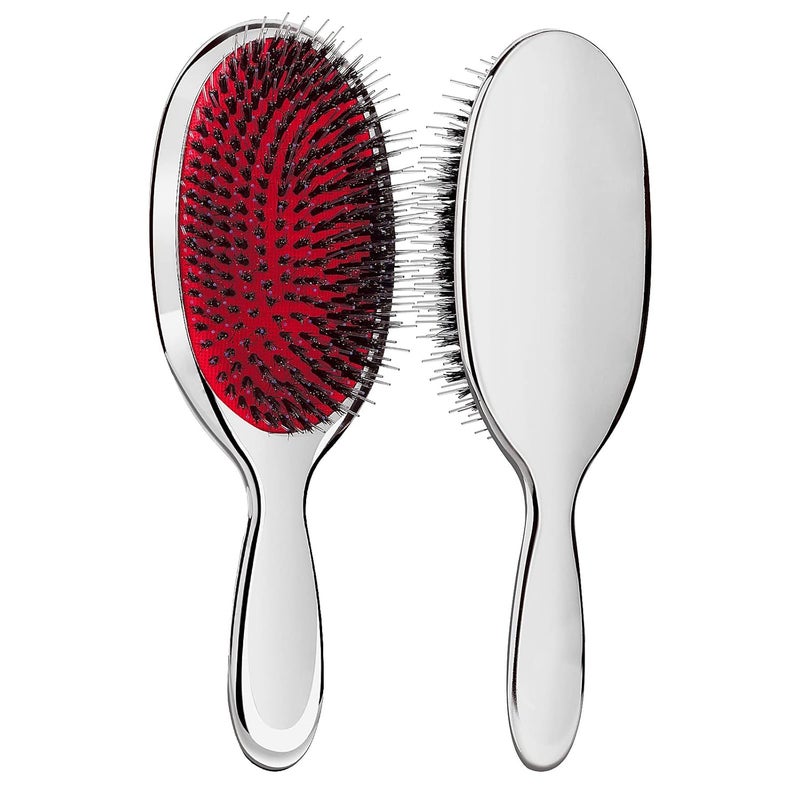 Sibba Antistatic Hair Brush Paddle Massage Hair Extension Brush Professional Detangle Natural Bristle Cushion Nylon Brush Comb for Long Thick Wavy Hair Silver