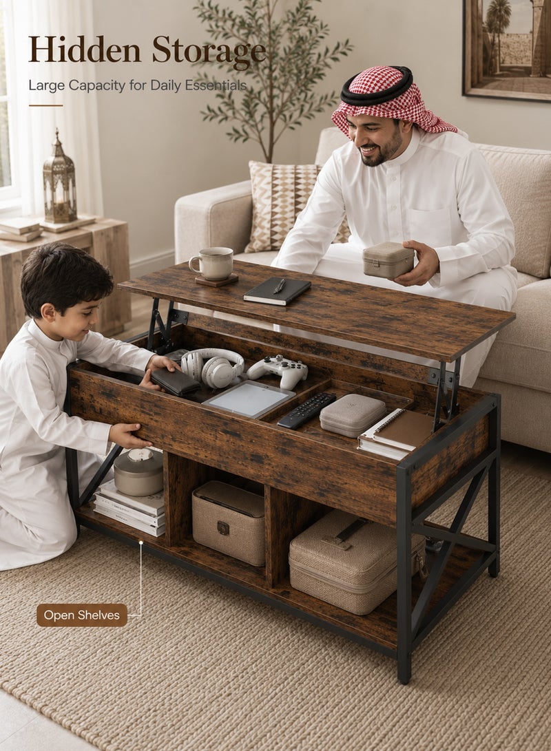 قف طاولة قهوة بسطح قابل للرفع مع مساحة تخزين مخفية، طاولة وسط خشبية بلون بني ريفي مع 3 أرفف مفتوحة وإطار معدني ثابت وأقدام قابلة للتعديل لغرفة المعيشة والأريكة والمكتب المنزلي - Image 3