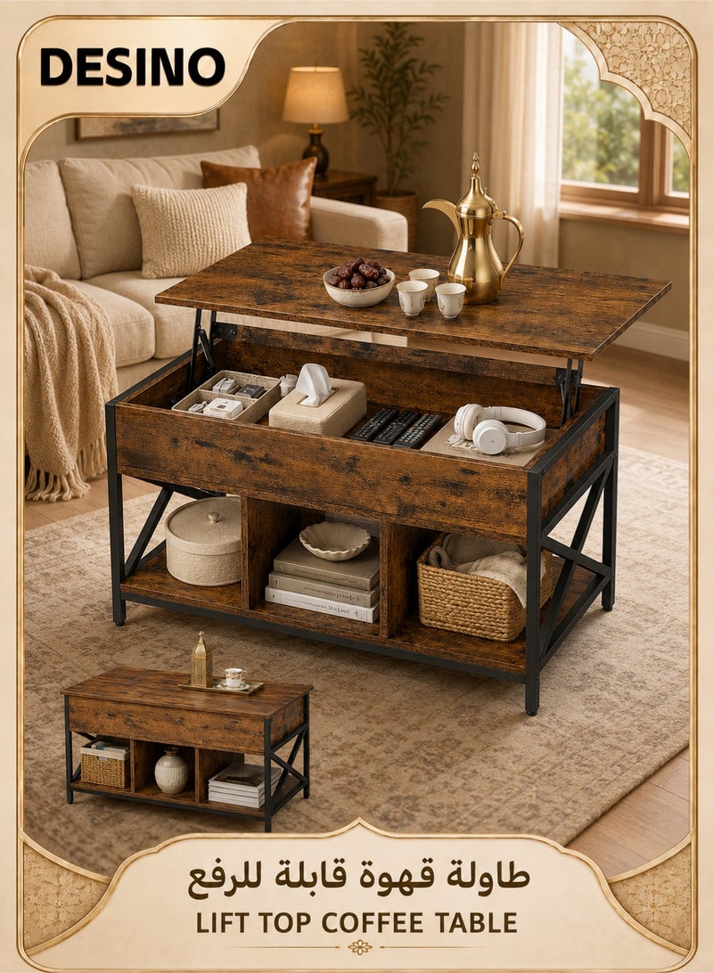 DESINO Lift Top Coffee Table with Hidden Storage, Rustic Brown Wooden Center Table with 3 Open Shelves, Stable Metal Frame and Adjustable Feet for Living Room, Sofa, Home Office - Image 1