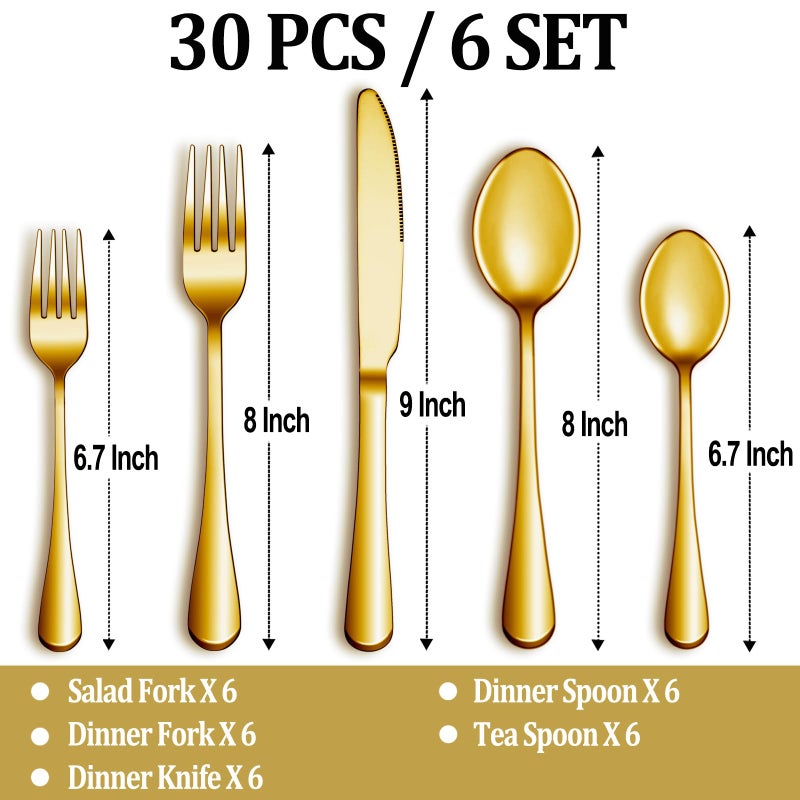 MUTNITT 30 Pcs Gold Silverware Set Service for 6, Premium Stainless Steel Flatware Set, Cutlery Utensil Set, Durable Home Kitchen Eating Tableware Set, Include Fork Knife Spoon Set, Dishwasher Safe - Image 2