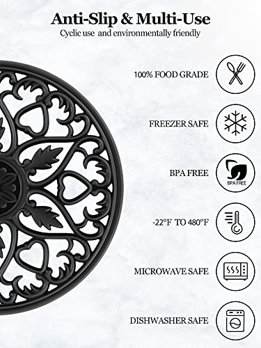 SMARTAKE 6 Set Silicone Trivet Mats, Multi-Use Intricately Carved Coasters, Insulated Non-Slip Durable Kitchen Mats, Flexible Modern Kitchen Table Mat, for Hot Dishes, Pots, Countertop (Black) - Image 2