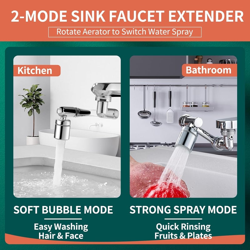 CECEFIN 1080° Swivel Faucet-Extender Sink-Aerator - 2 Mode Splash Water Filter Extension, Kitchen Bathroom 360° Rotatable Spray Attachment, Multifunctional Universal Robotic Arm -Wash Hand/Hair/Face - Image 5