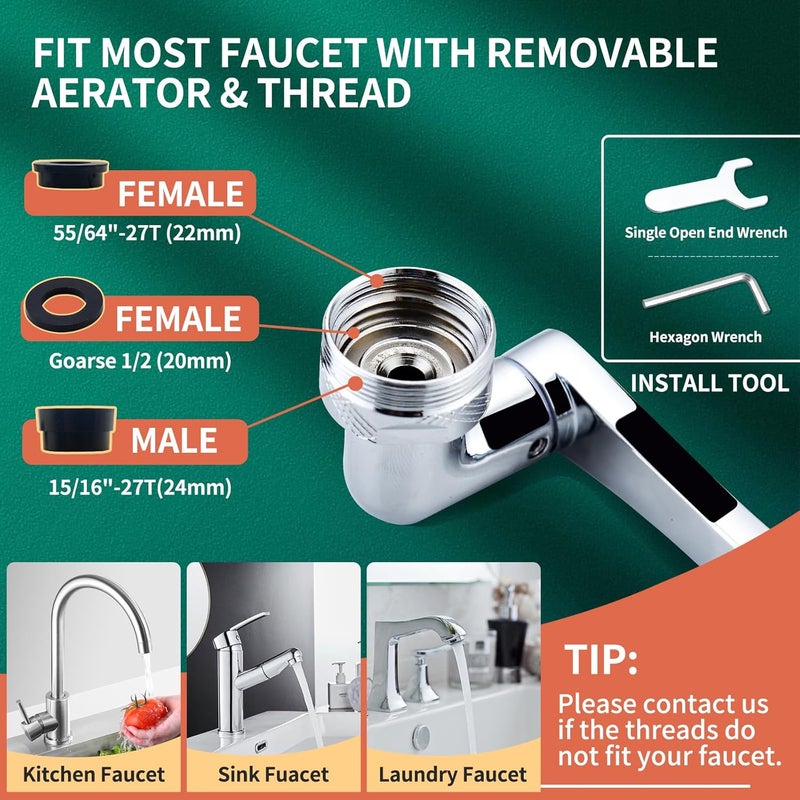 CECEFIN 1080° Swivel Faucet-Extender Sink-Aerator - 2 Mode Splash Water Filter Extension, Kitchen Bathroom 360° Rotatable Spray Attachment, Multifunctional Universal Robotic Arm -Wash Hand/Hair/Face - Image 4